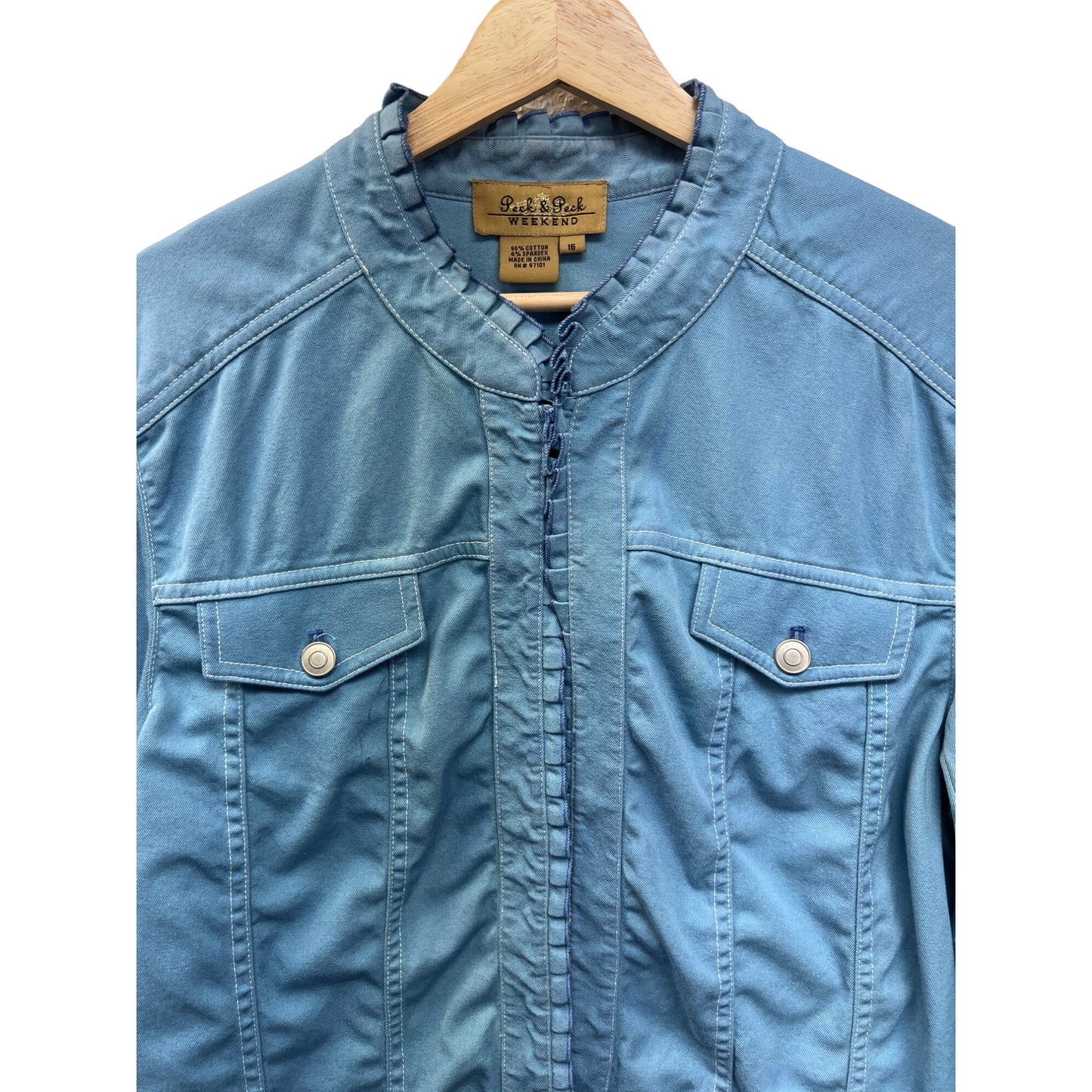 Peck & Peck Weekend Blue Trucker Style Jacket with Ruffle Trim