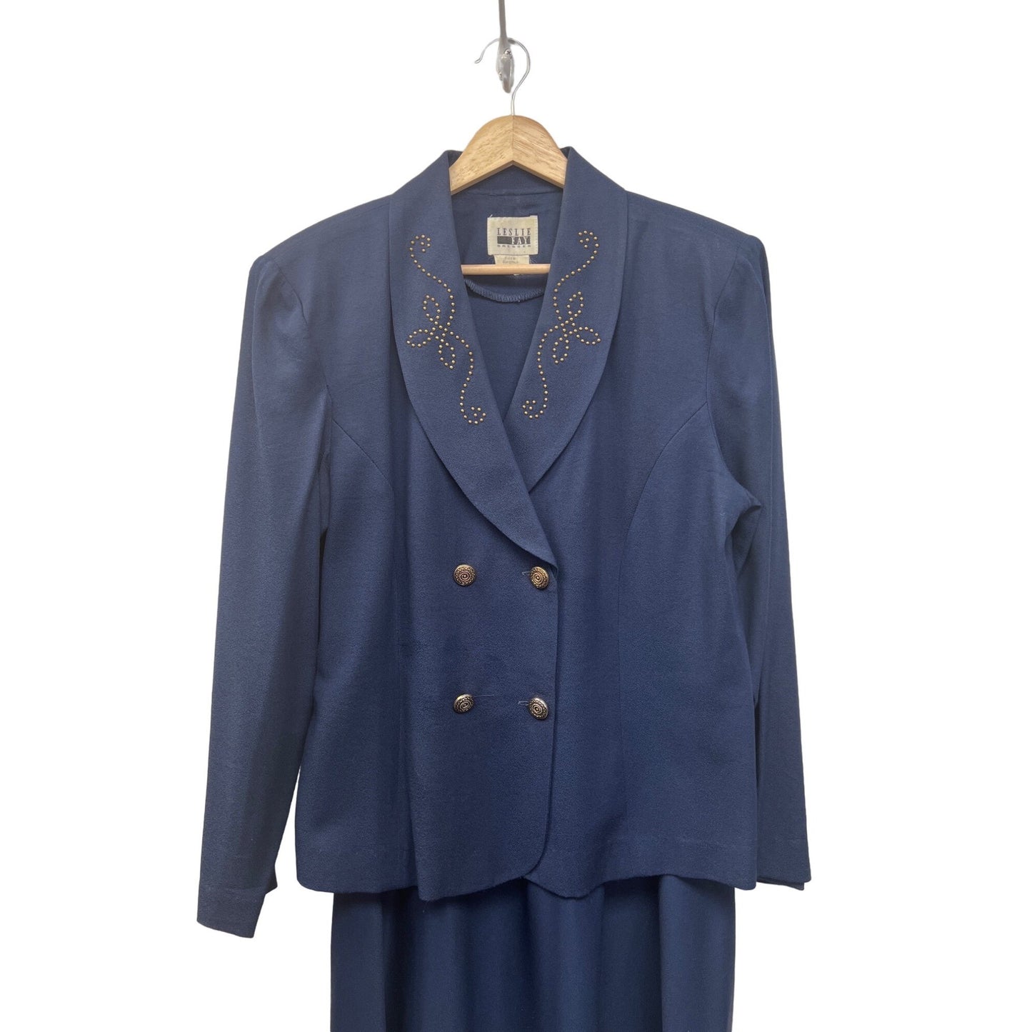 Leslie Fay Vintage Navy Suit Skirt Set with Gold Beading