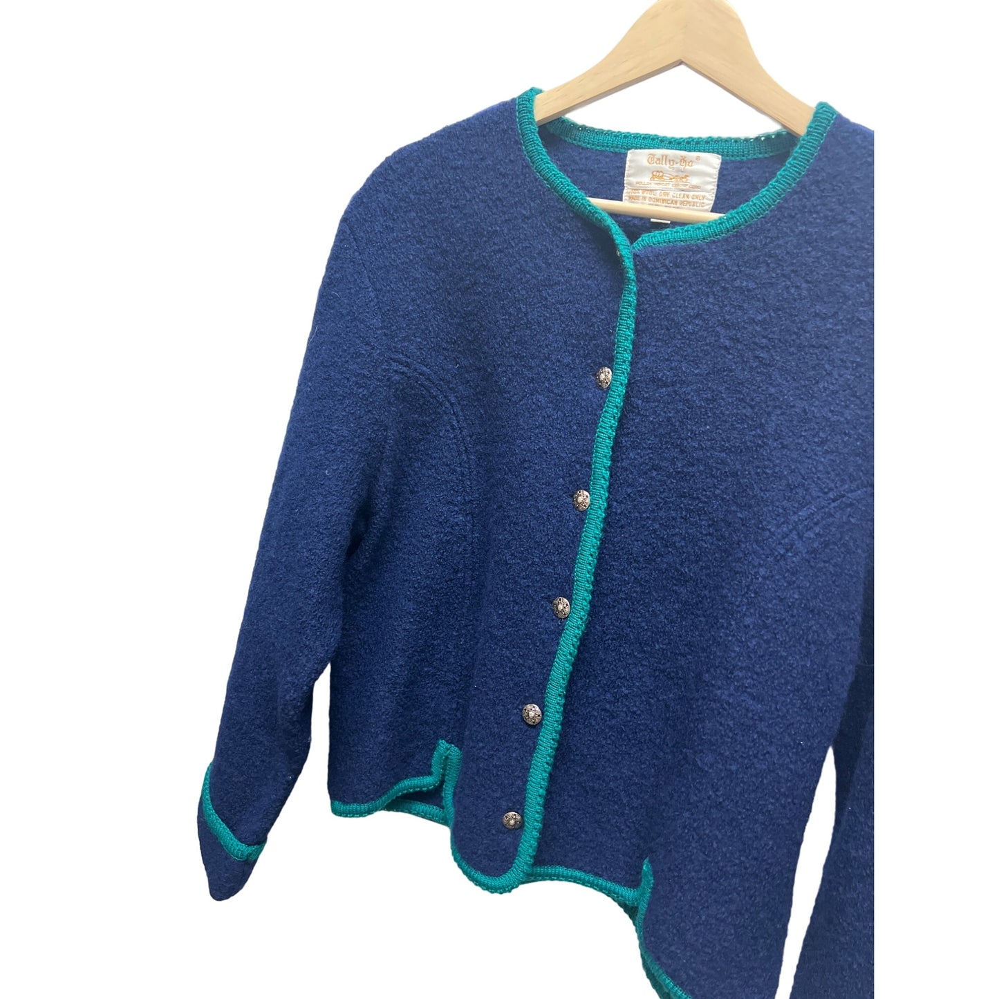 Tally-Ho Vintage 70's Blue with Green Trim Boiled Wool Cardigan Jacket