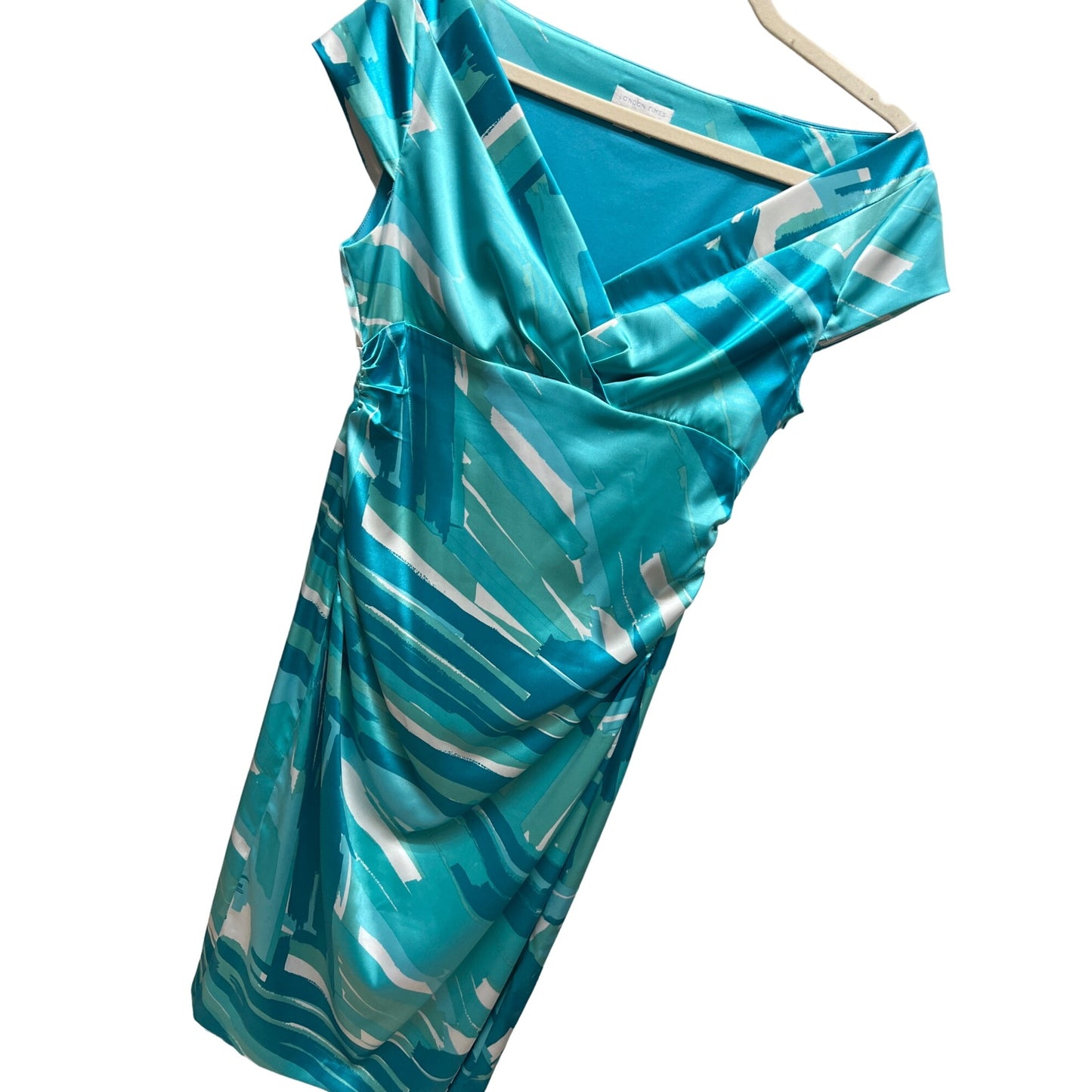 London Times Teal Satin Abstract Print Ruched Sheath Dress