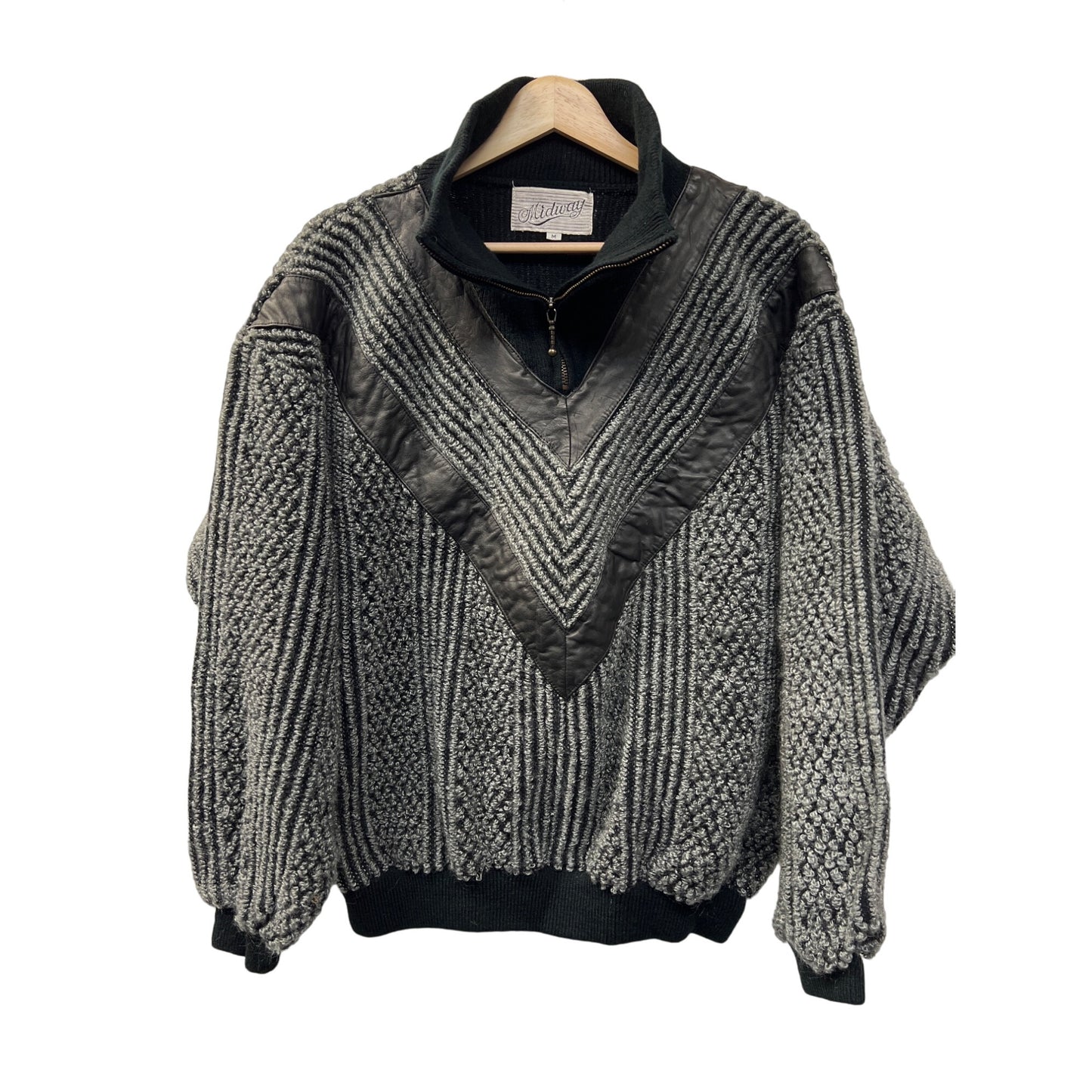 Midway Vintage 80's Quarter Zip Textured Sweater with Leather Trim