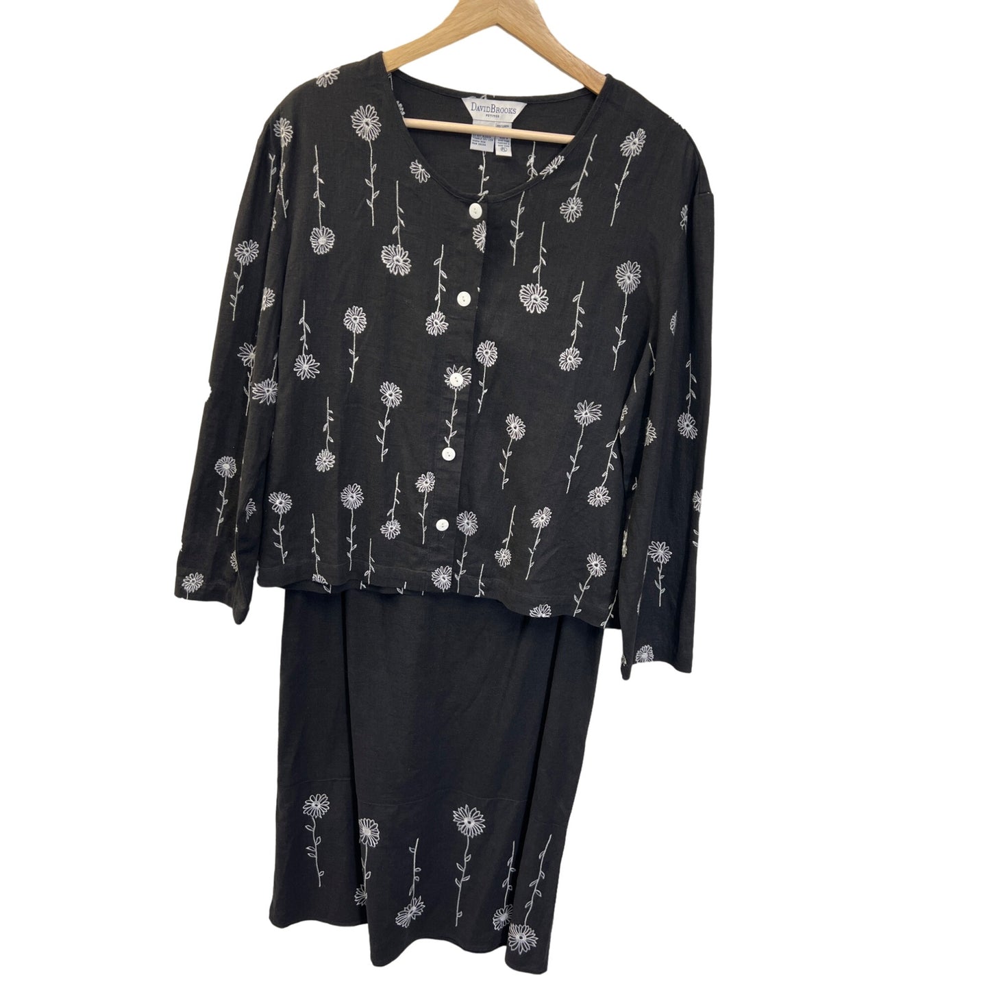 David Brooks Petites Vintage Black Linen Floral Embroidered Skirt Set Dress