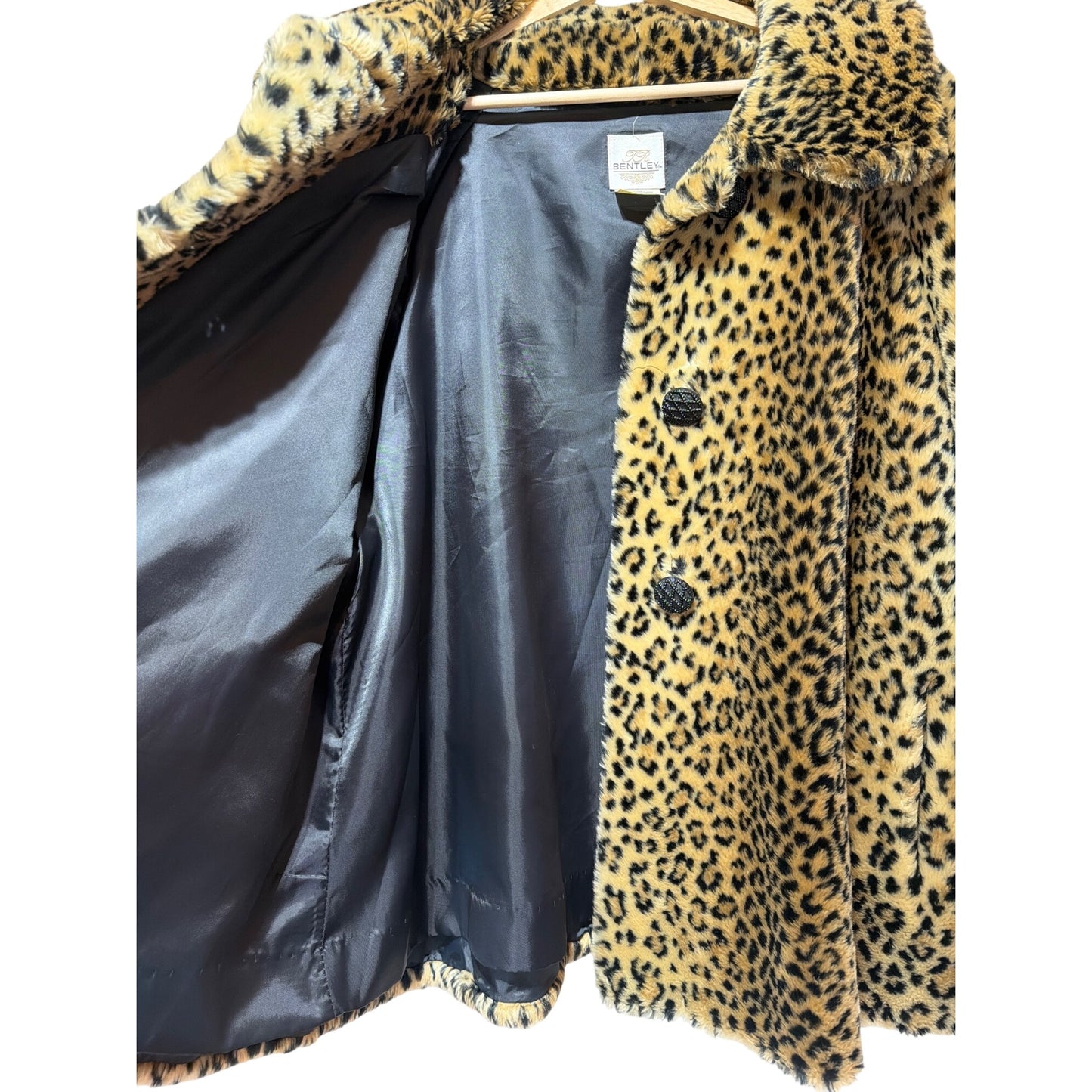 Bentley Vintage 70s Faux Leopard Fur Coat Large With Black Satin Lining & Ornate Button Front Closure