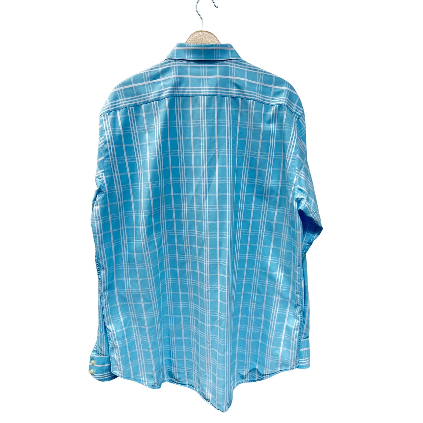 Thomas Dean Blue & White Plaid Long Sleeve Button Down with Contrasting Cuffs