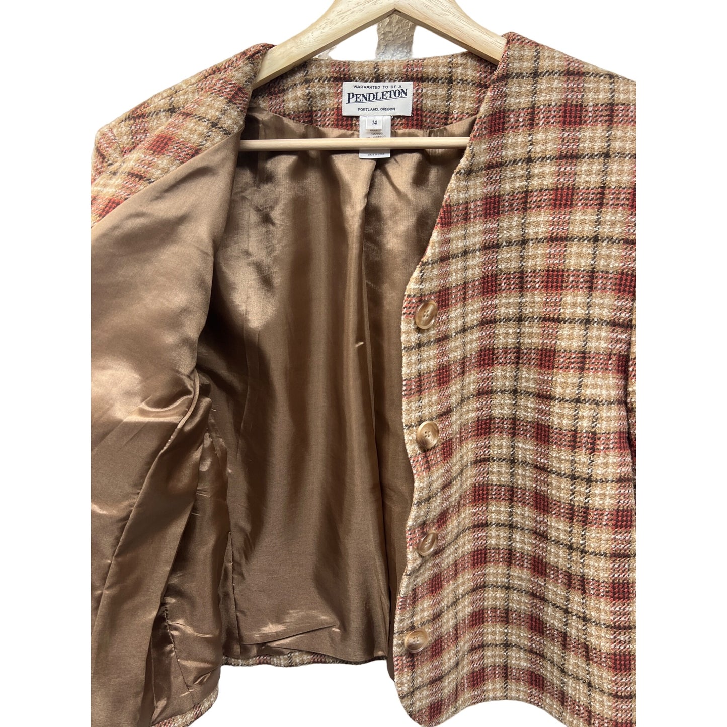 Pendleton Vintage Tan and Red Plaid Wool Cropped Blazer