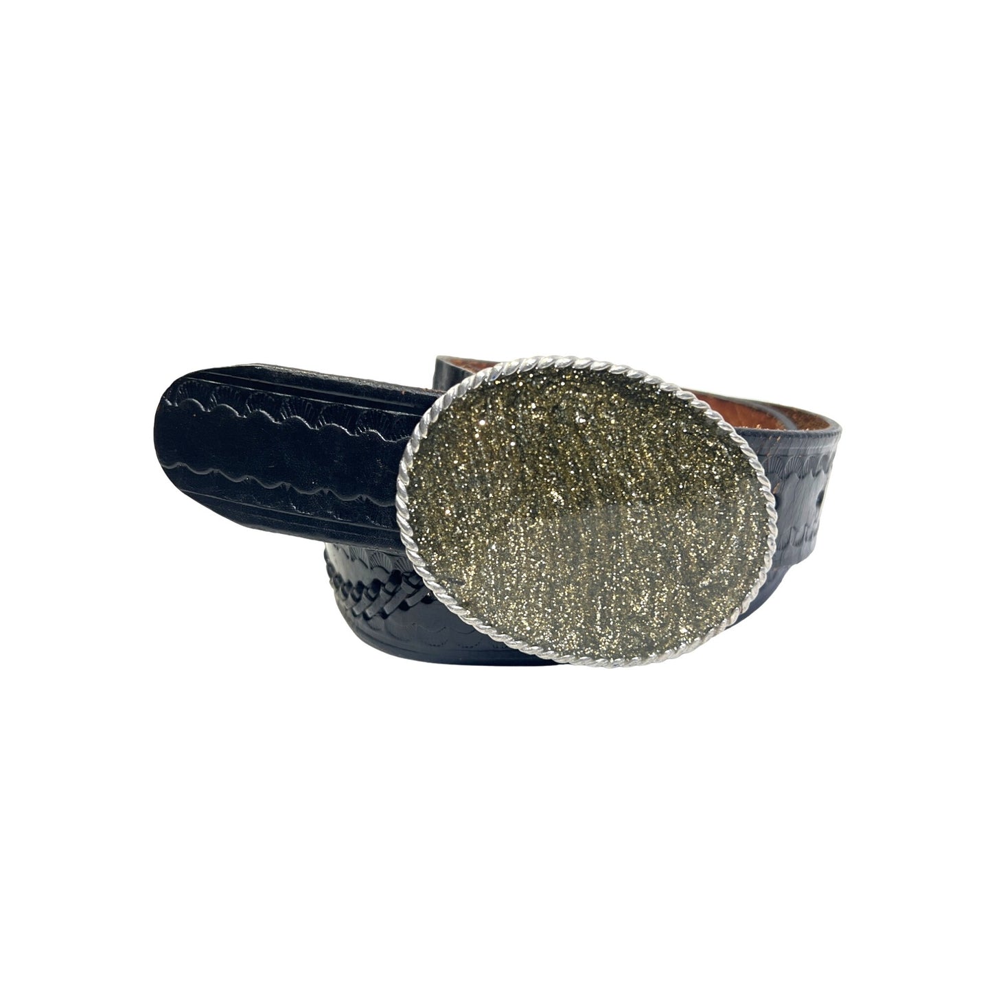 Vintage Gold and Silver Sparkle Buckle with Ornate Black Leather Belt