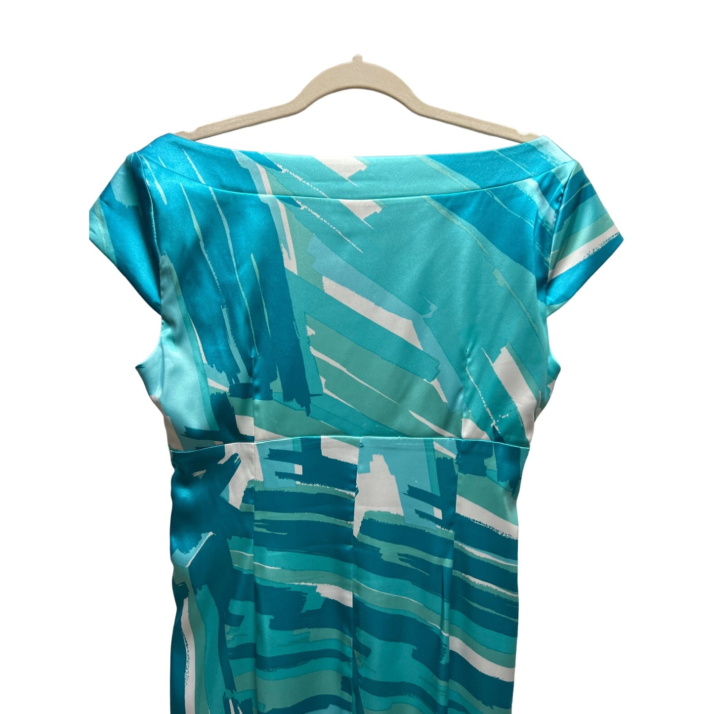 London Times Teal Satin Abstract Print Ruched Sheath Dress