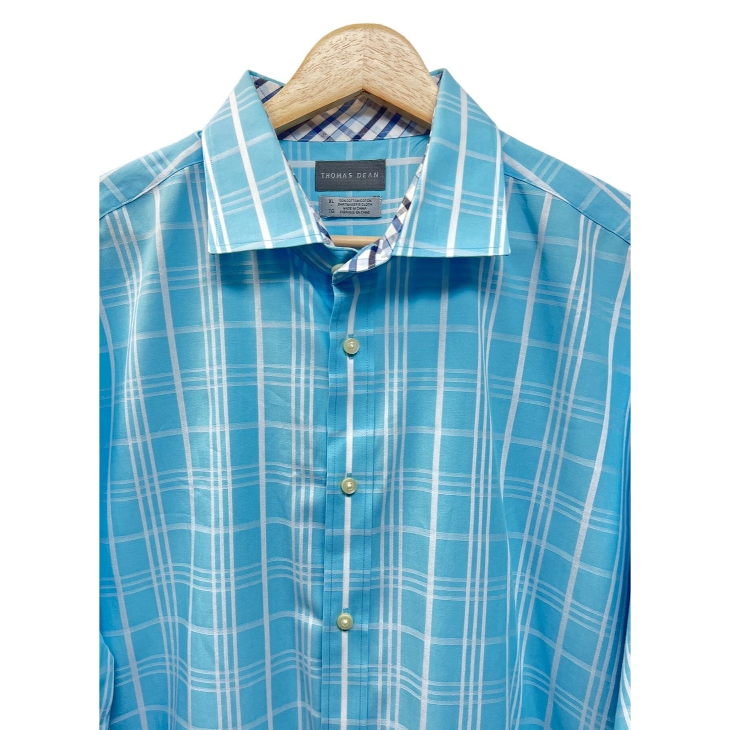 Thomas Dean Blue & White Plaid Long Sleeve Button Down with Contrasting Cuffs
