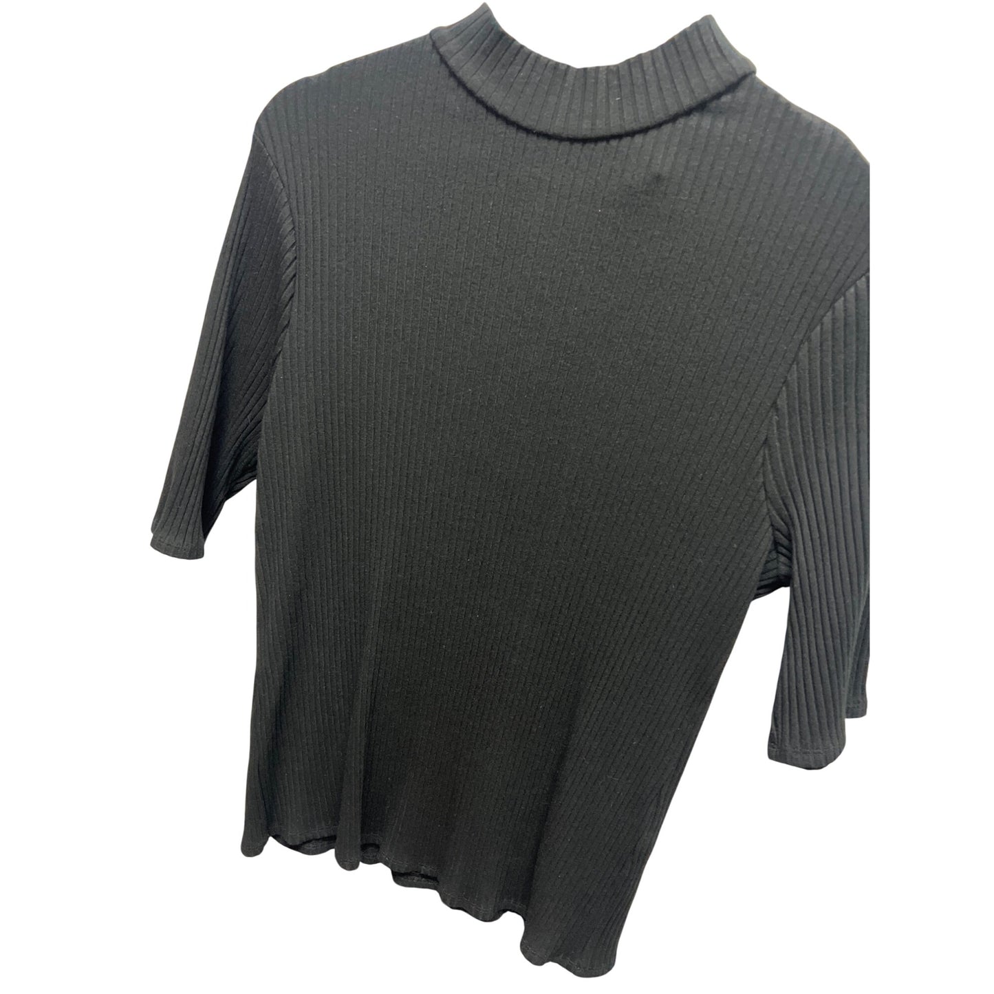 Chico's Black Label Black Ribbed Short Sleeve Gold Back Zipper Mock Neck Top