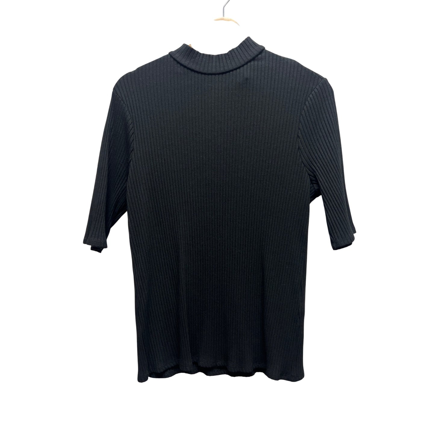 Chico's Black Label Black Ribbed Short Sleeve Gold Back Zipper Mock Neck Top