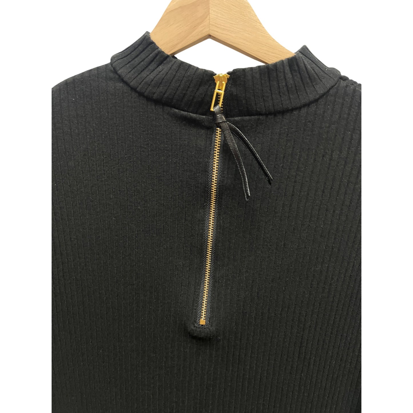 Chico's Black Label Black Ribbed Short Sleeve Gold Back Zipper Mock Neck Top
