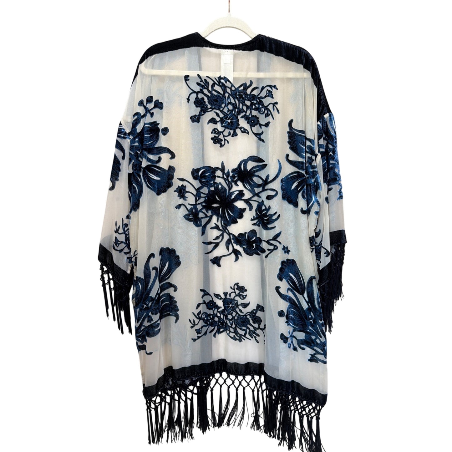 Chicos NWT Travelers Kimono Velvet Burnout Jacket L/XL India Ink Blue Floral Sheer Fringe Trim
