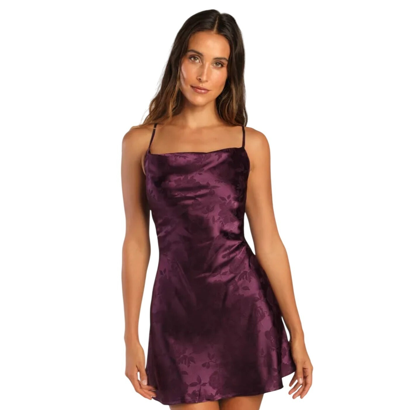 Floral Jacquard Satin Mini Dress With Spaghetti Straps & Cowl Neck