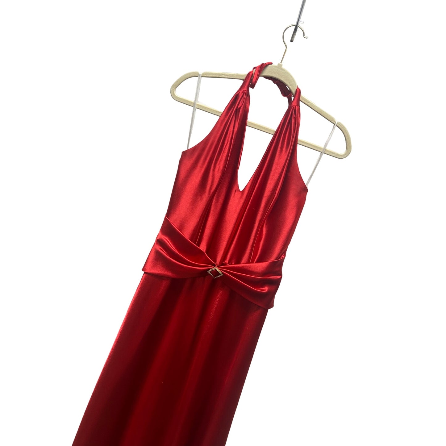 Jessica McClintock Gunne Sax Vintage 90's Red Satin Halter Evening Gown with Rhinestone Embellishment