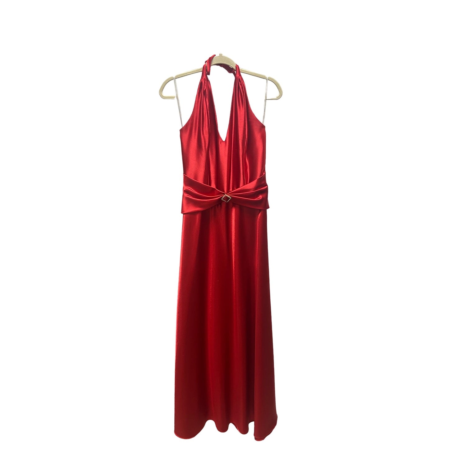 Jessica McClintock Gunne Sax Vintage 90's Red Satin Halter Evening Gown with Rhinestone Embellishment