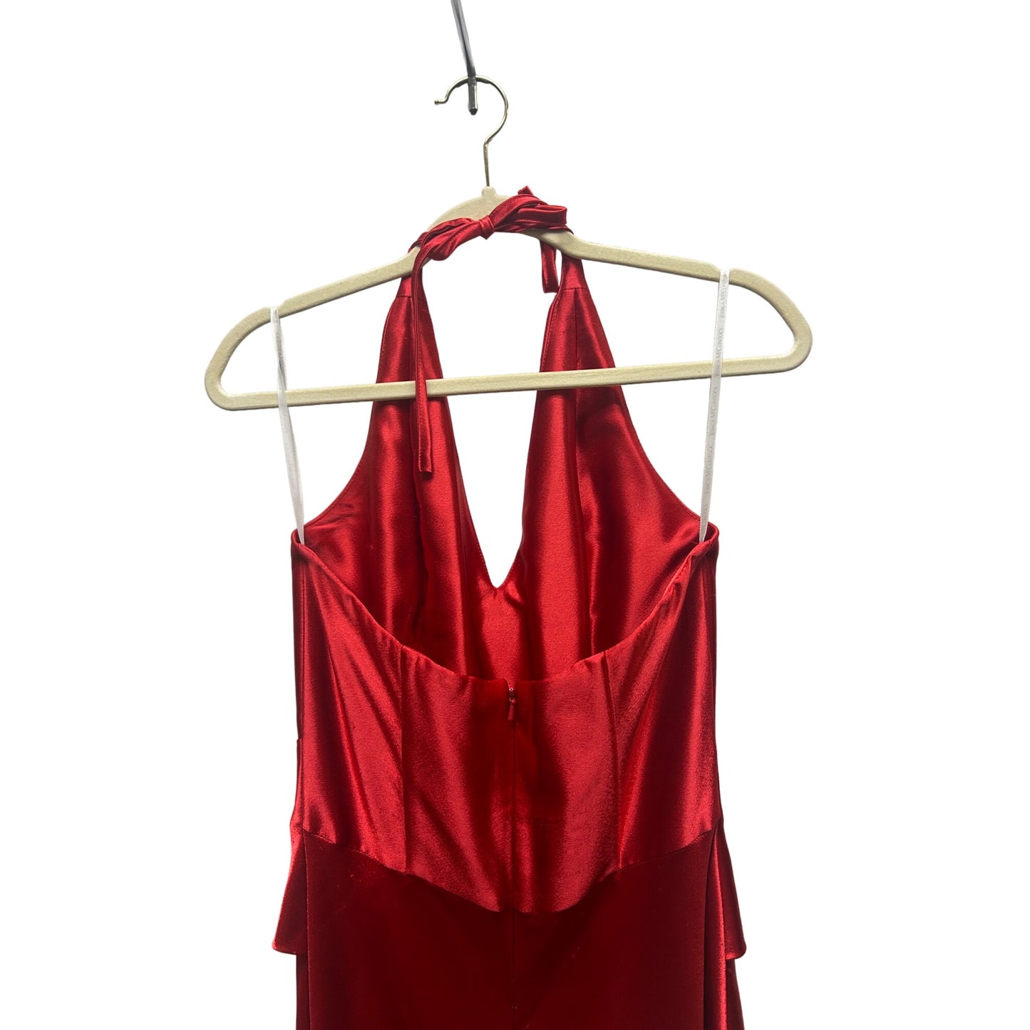 Jessica McClintock Gunne Sax Vintage 90's Red Satin Halter Evening Gown with Rhinestone Embellishment