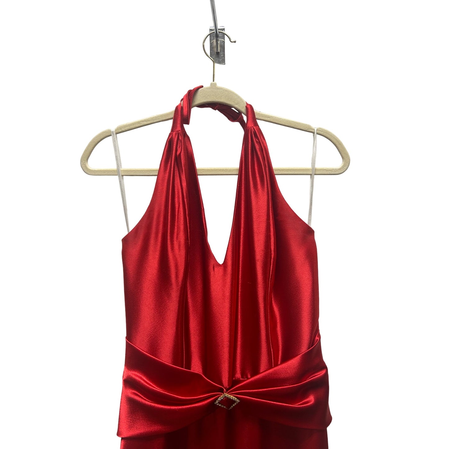 Jessica McClintock Gunne Sax Vintage 90's Red Satin Halter Evening Gown with Rhinestone Embellishment