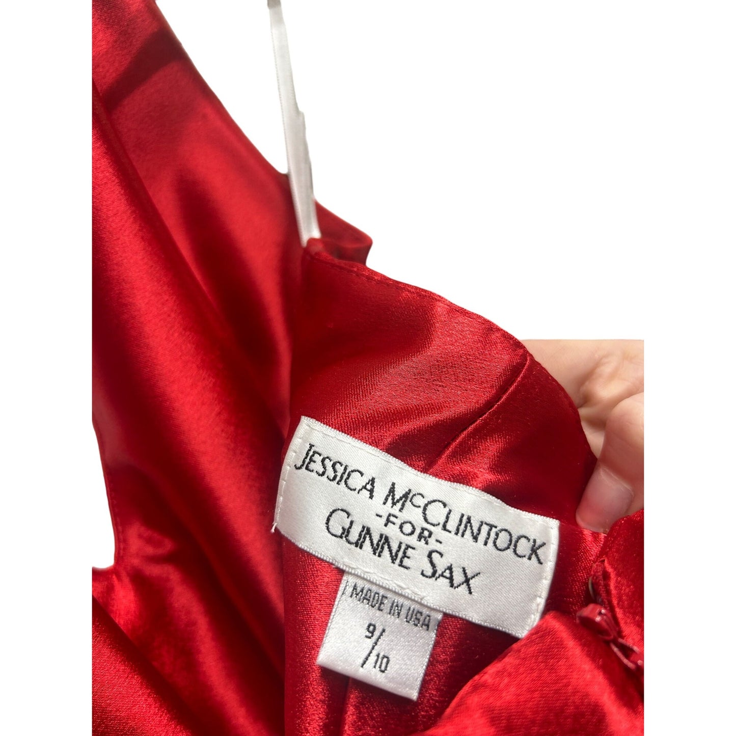 Jessica McClintock Gunne Sax Vintage 90's Red Satin Halter Evening Gown with Rhinestone Embellishment