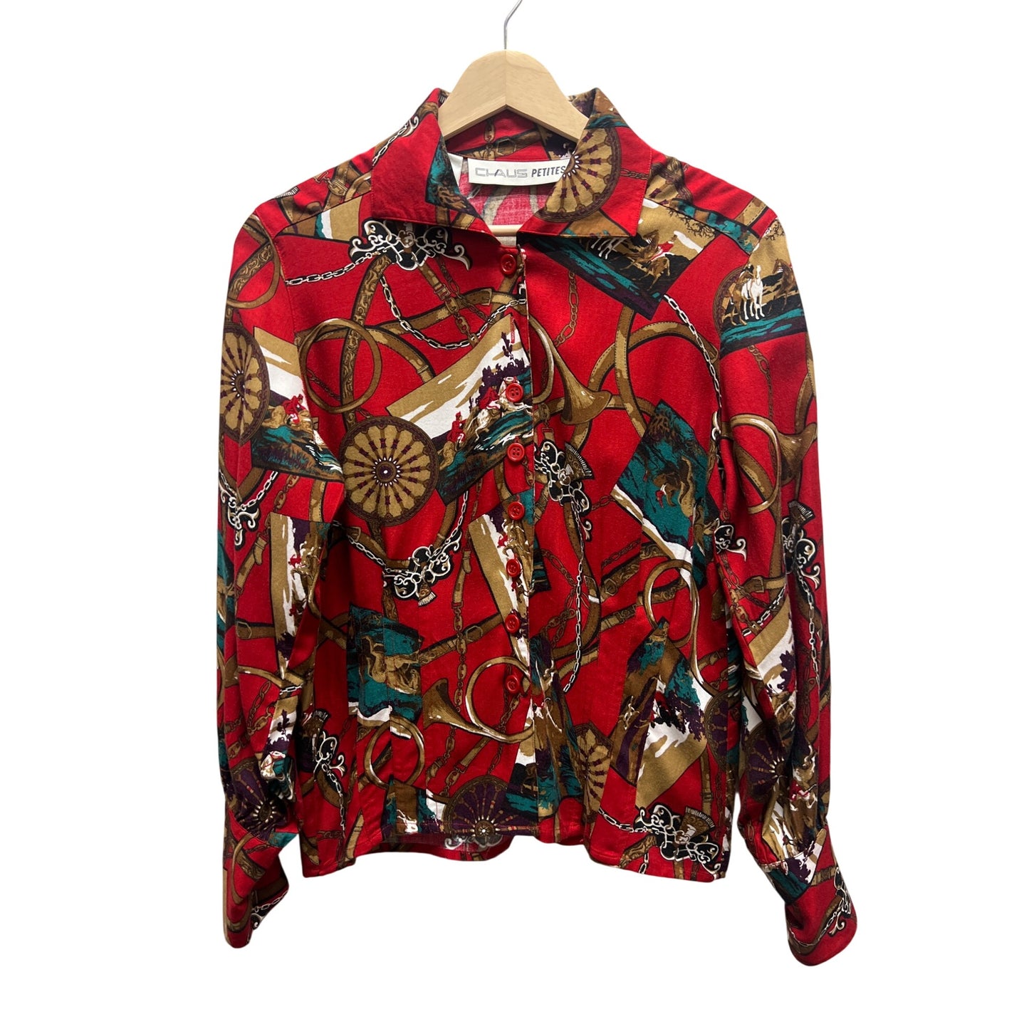 Chaus Petite Vintage 90's Red and Gold Equestrian Print Silk Blend Button Down Shirt