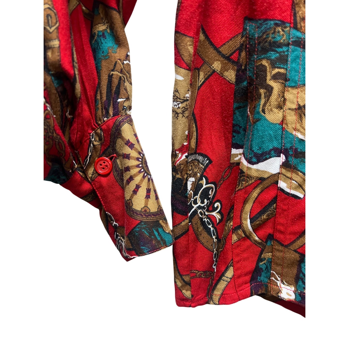 Chaus Petite Vintage 90's Red and Gold Equestrian Print Silk Blend Button Down Shirt