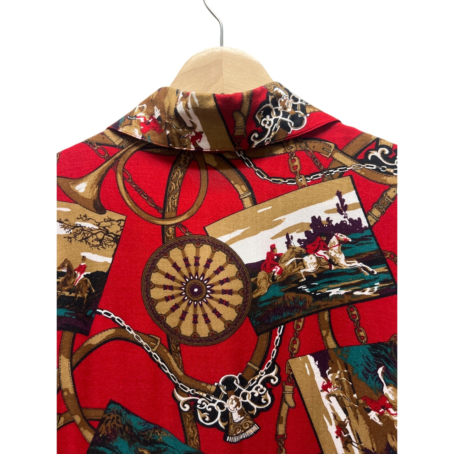 Chaus Petite Vintage 90's Red and Gold Equestrian Print Silk Blend Button Down Shirt