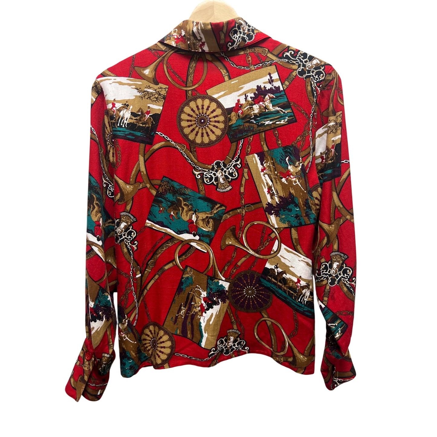 Chaus Petite Vintage 90's Red and Gold Equestrian Print Silk Blend Button Down Shirt