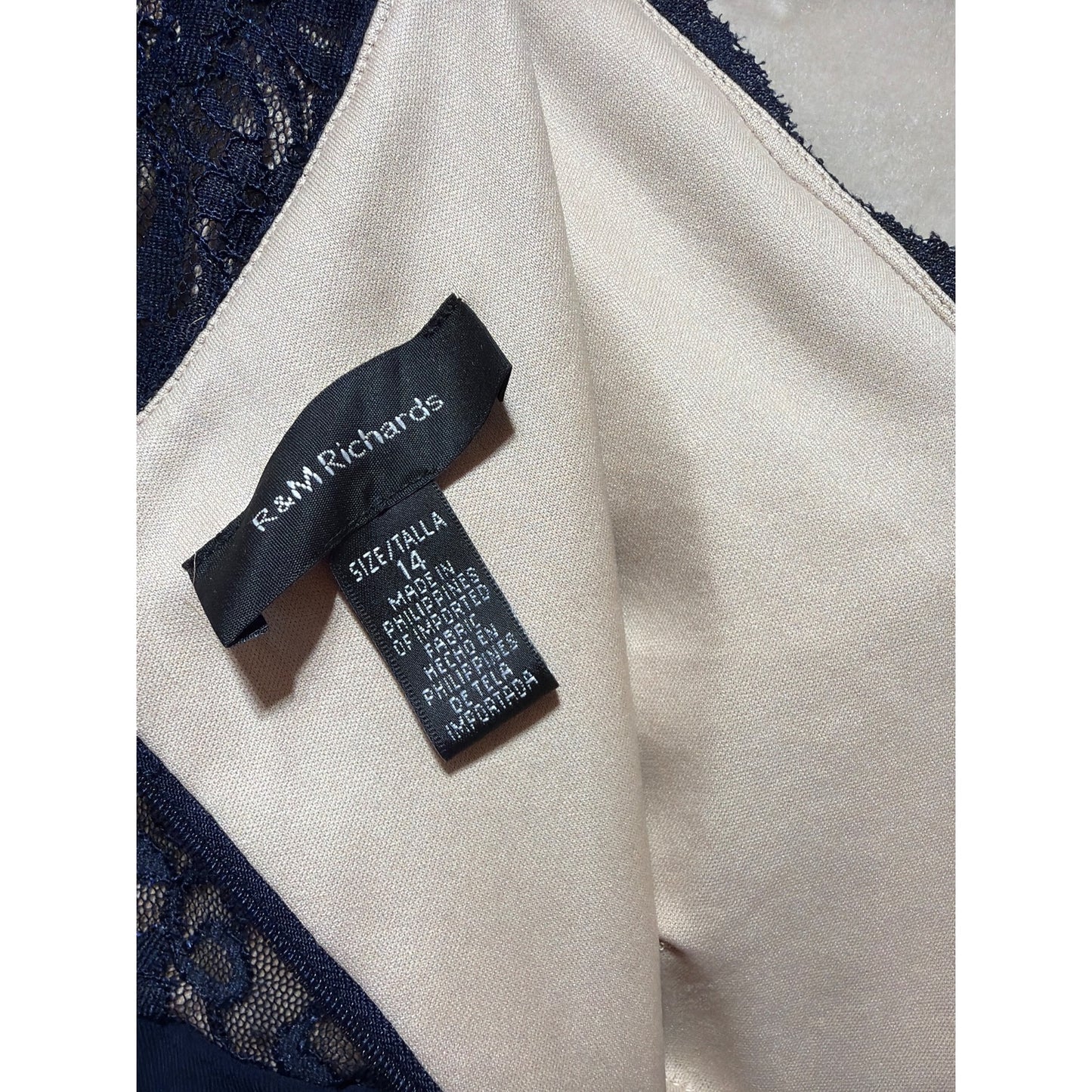 R&M Richards NWT Navy Lace & Ruched Gown Off-Shoulder Size 14 Elegant Formal Wear