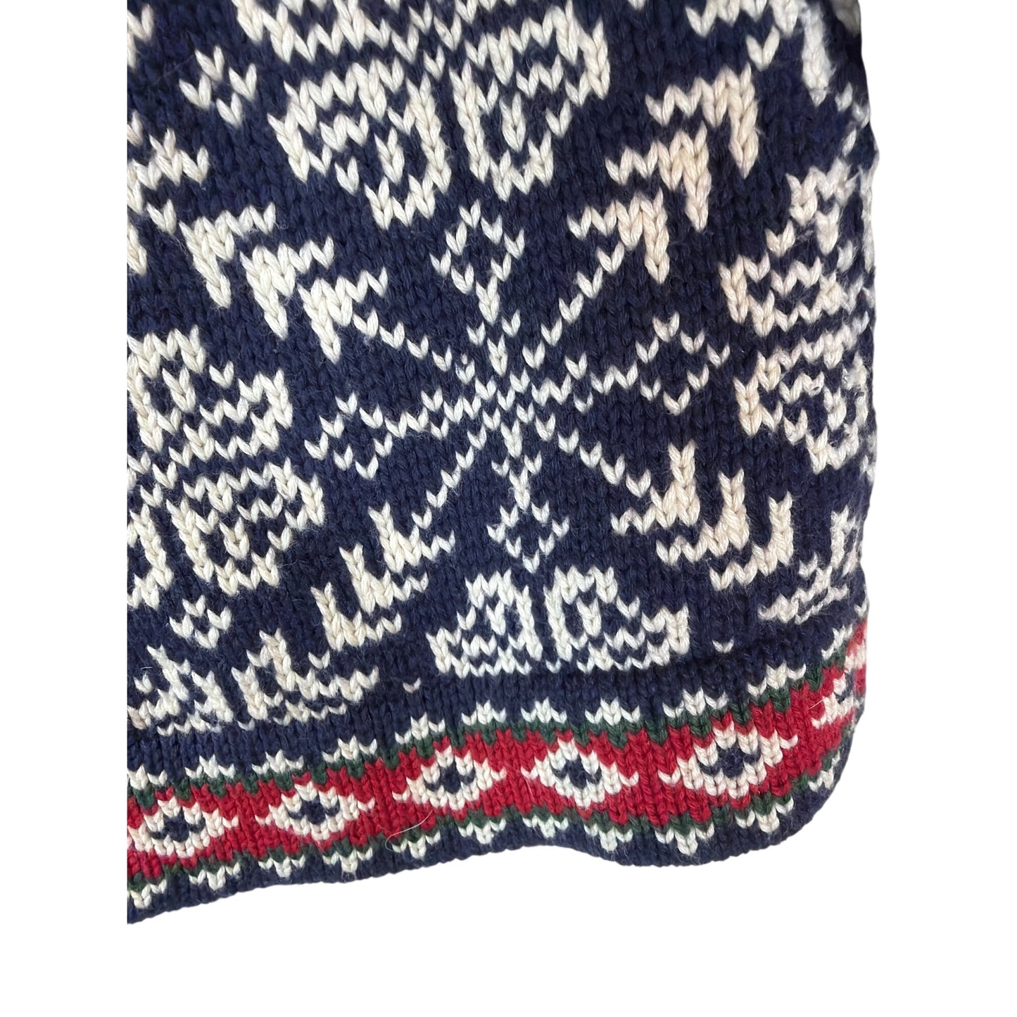 L.L. Bean Womens Nordic Fair Isle Snowflake Cardigan Pewter Button 100% Cotton Size 1X Navy & White Geometric Pattern With Red Trim