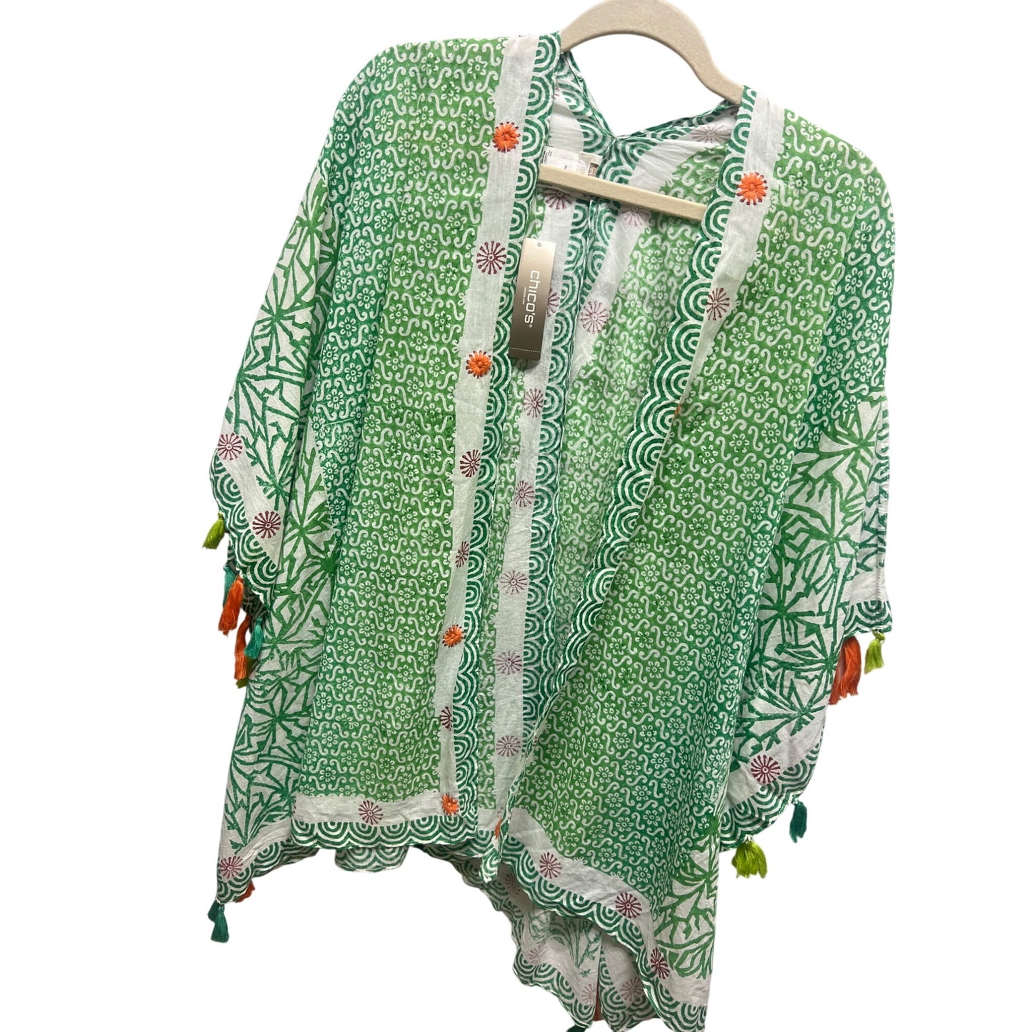 Chico's NWT Green Palm Frond Linen Ruana with Tassels
