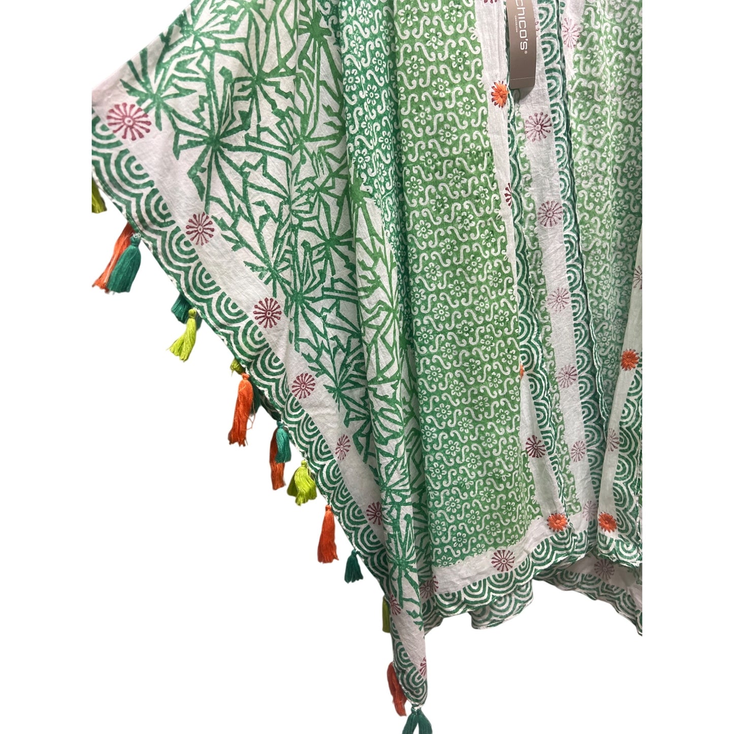 Chico's NWT Green Palm Frond Linen Ruana with Tassels
