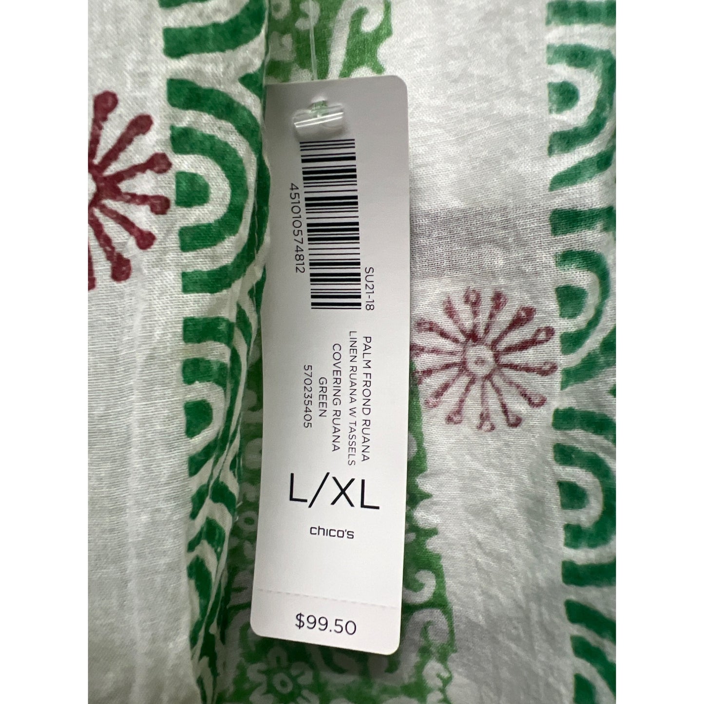 Chico's NWT Green Palm Frond Linen Ruana with Tassels