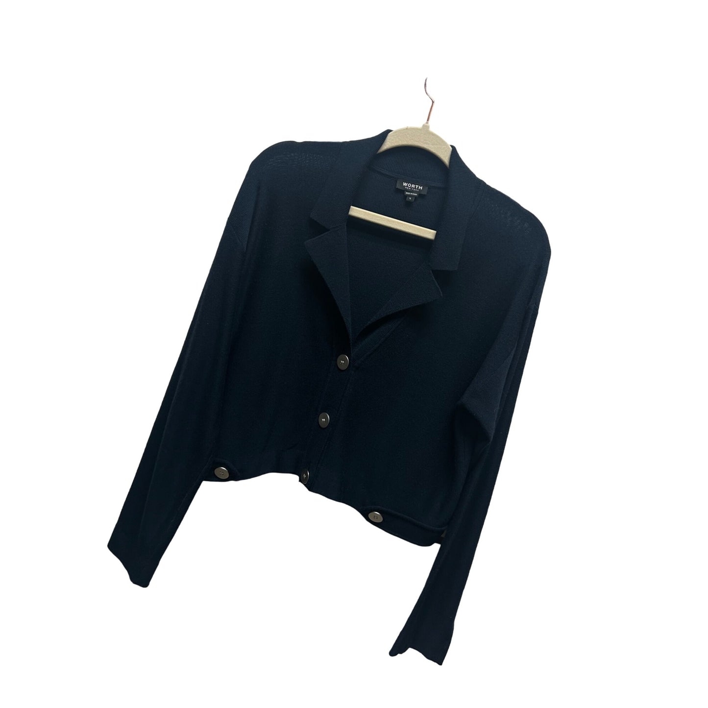 Worth New York Navy Wool Cropped Collared Cardigan Sweater