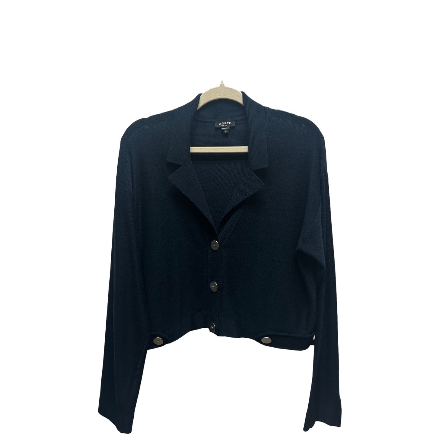 Worth New York Navy Wool Cropped Collared Cardigan Sweater