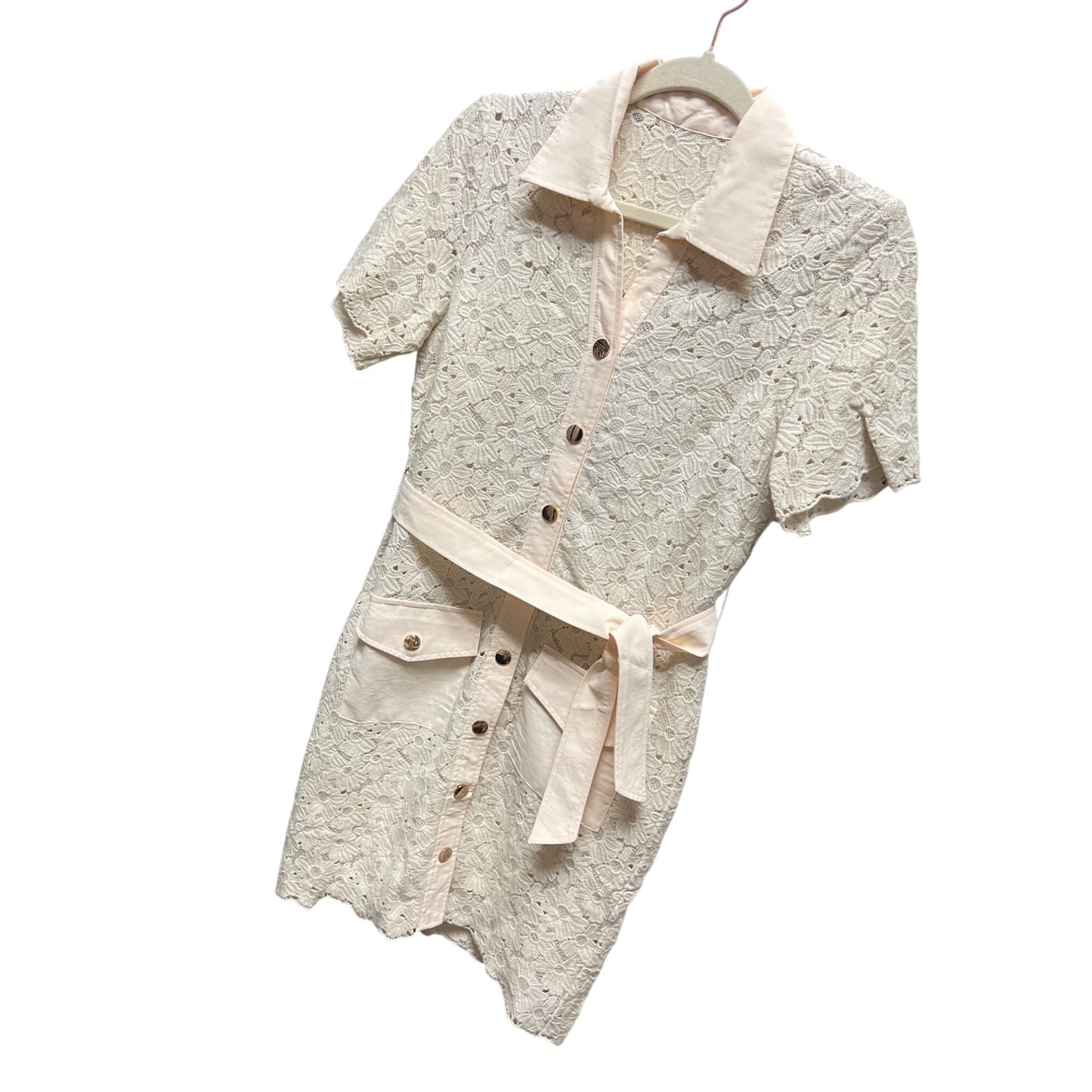 Sandro Adrienne NWOT Ivory and Pink Lace Overlay Shirt Dress