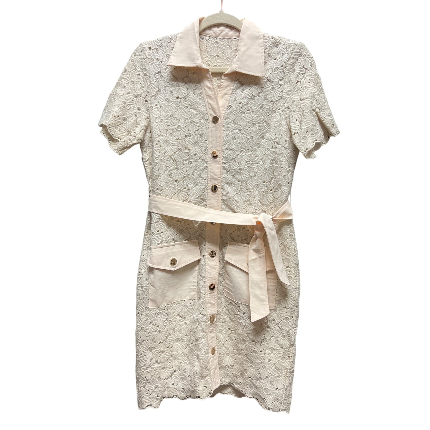 Sandro Adrienne NWOT Ivory and Pink Lace Overlay Shirt Dress