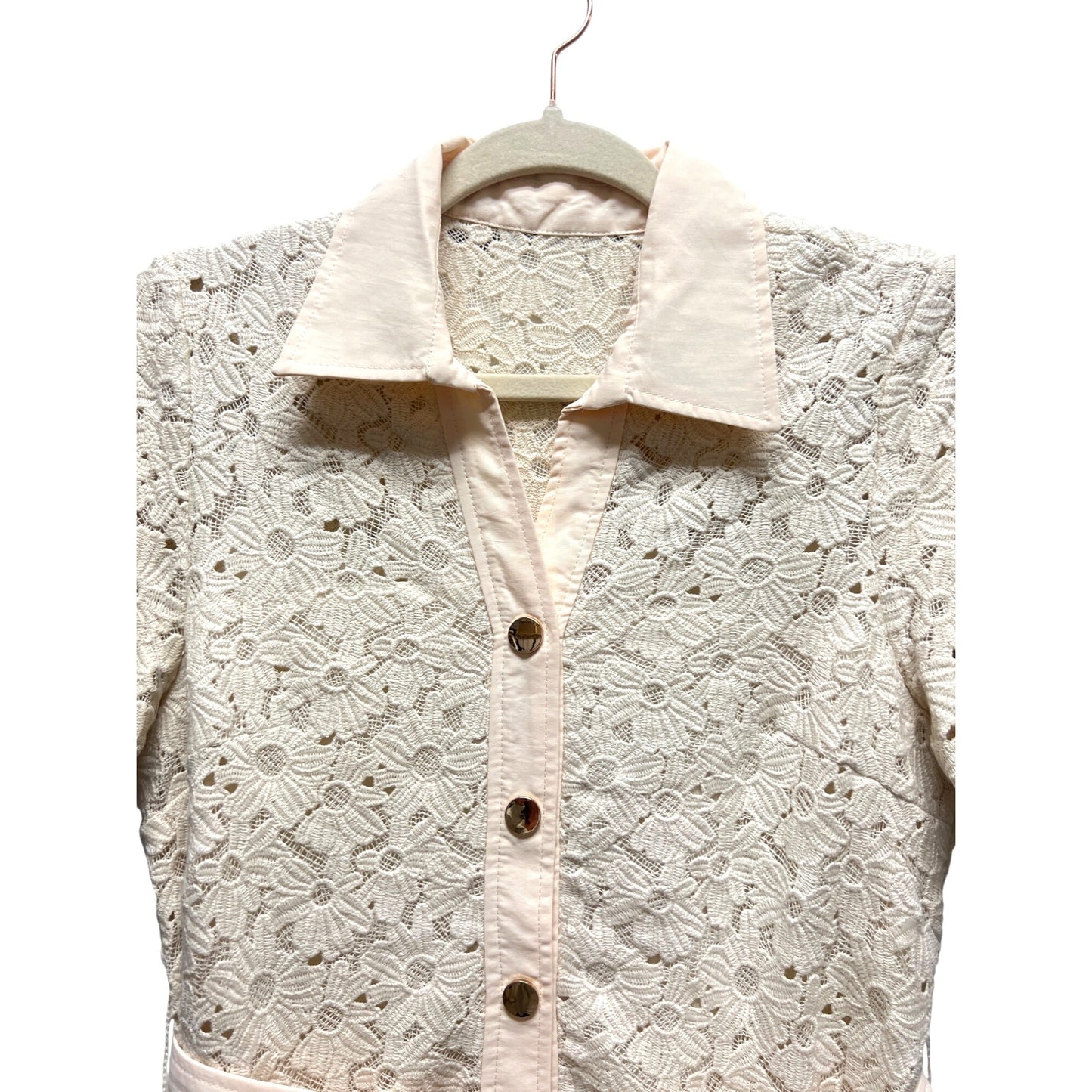 Sandro Adrienne NWOT Ivory and Pink Lace Overlay Shirt Dress