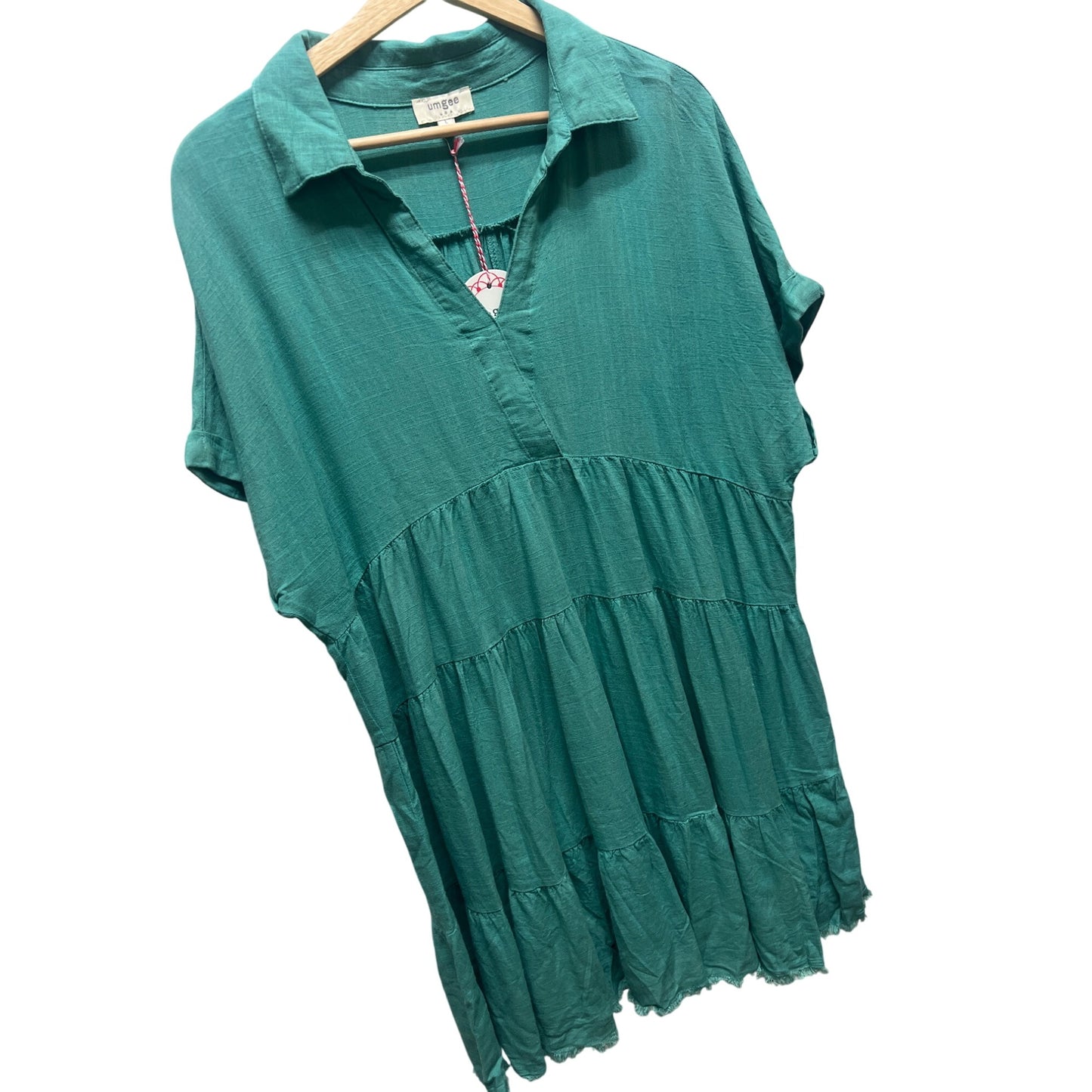 Umgee NWT Fullsize Raw Hem Folded Sleeve Tiered Teal Linen Dress