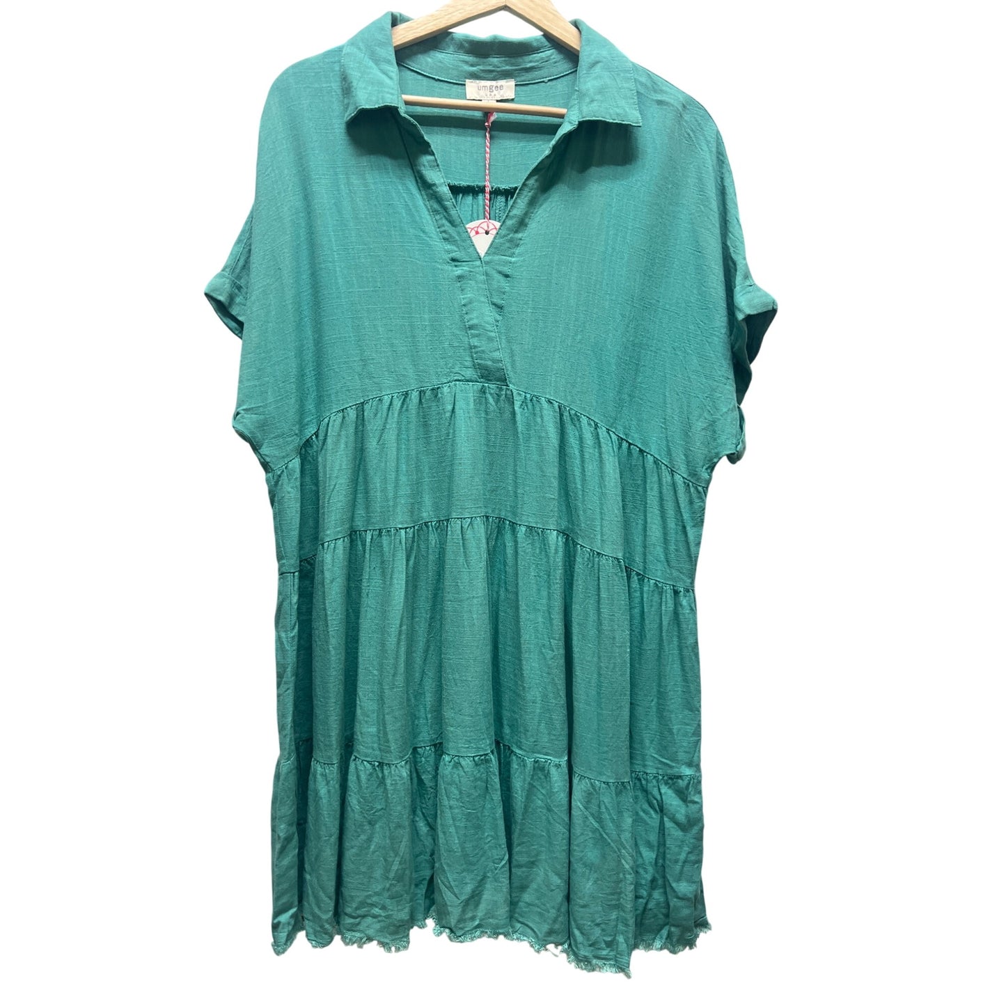 Umgee NWT Fullsize Raw Hem Folded Sleeve Tiered Teal Linen Dress