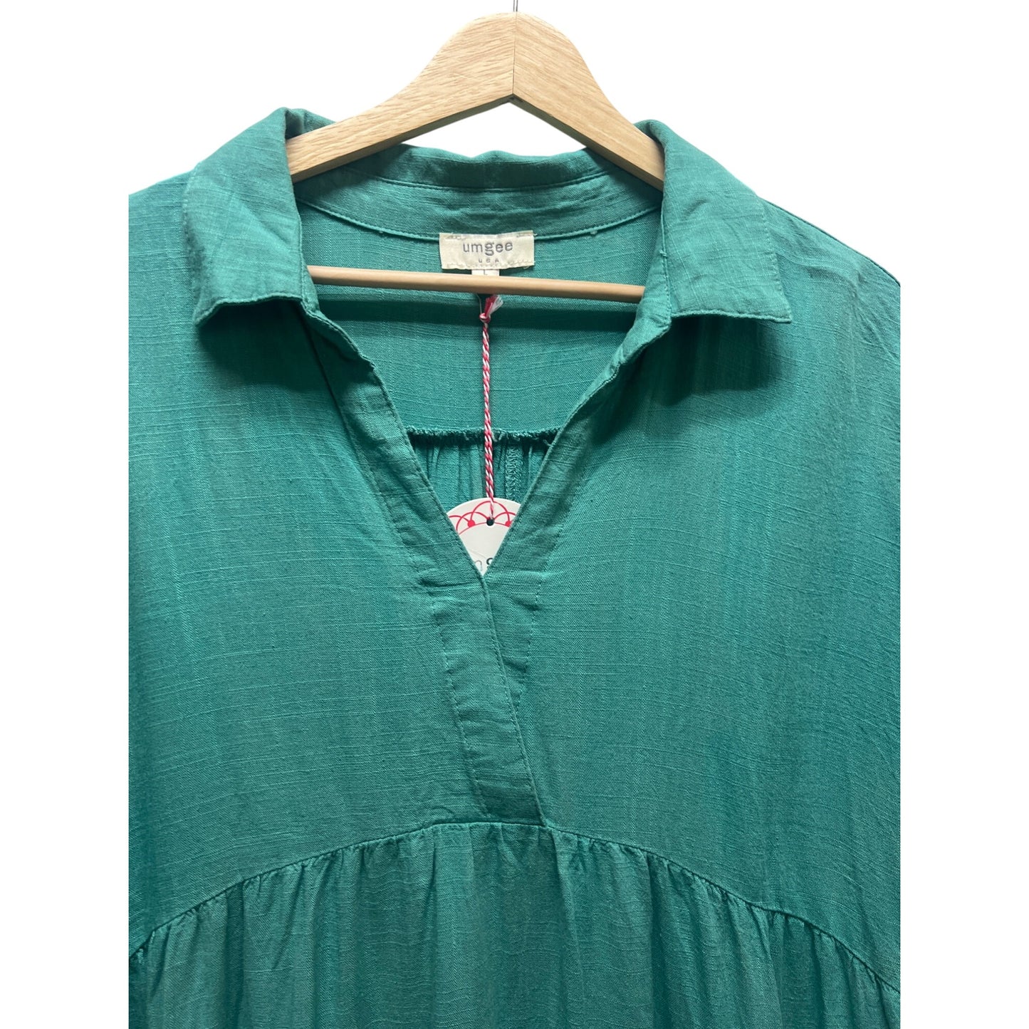 Umgee NWT Fullsize Raw Hem Folded Sleeve Tiered Teal Linen Dress