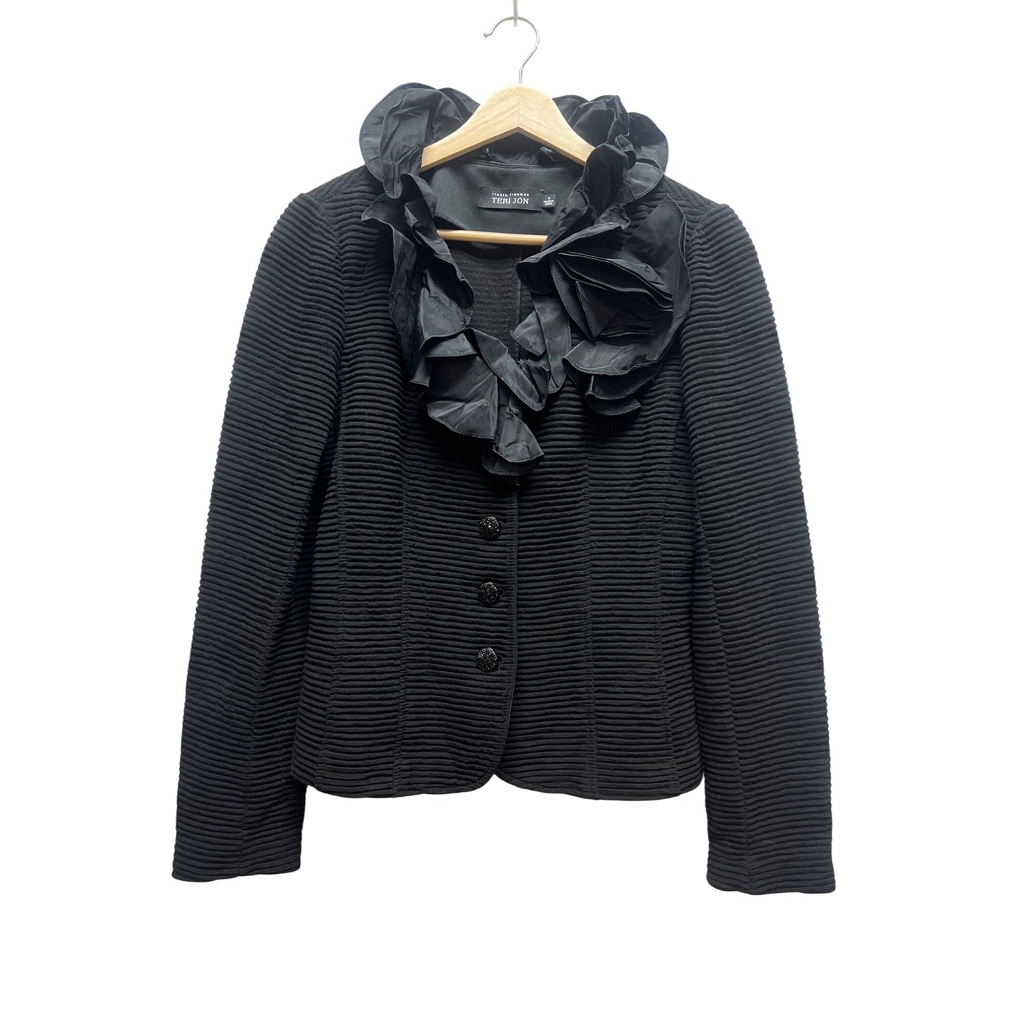Rickie Freeman Teri Jon Black Ribbed Tafetta Ruffle Collar Blazer