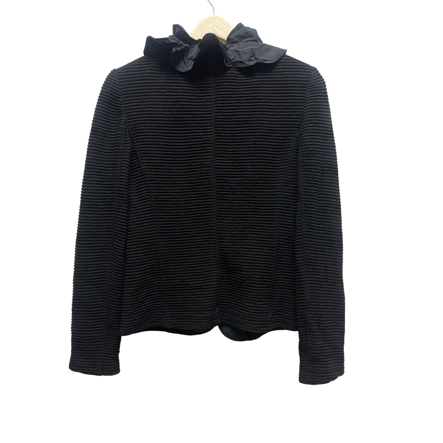 Rickie Freeman Teri Jon Black Ribbed Tafetta Ruffle Collar Blazer