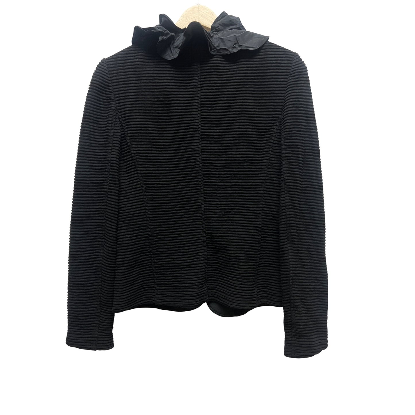 Rickie Freeman Teri Jon Black Ribbed Tafetta Ruffle Collar Blazer