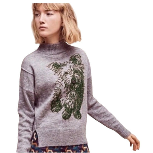Anthropologie Moth Gray & Green Wool Blend Mock Neck Scotty Dog Sweater