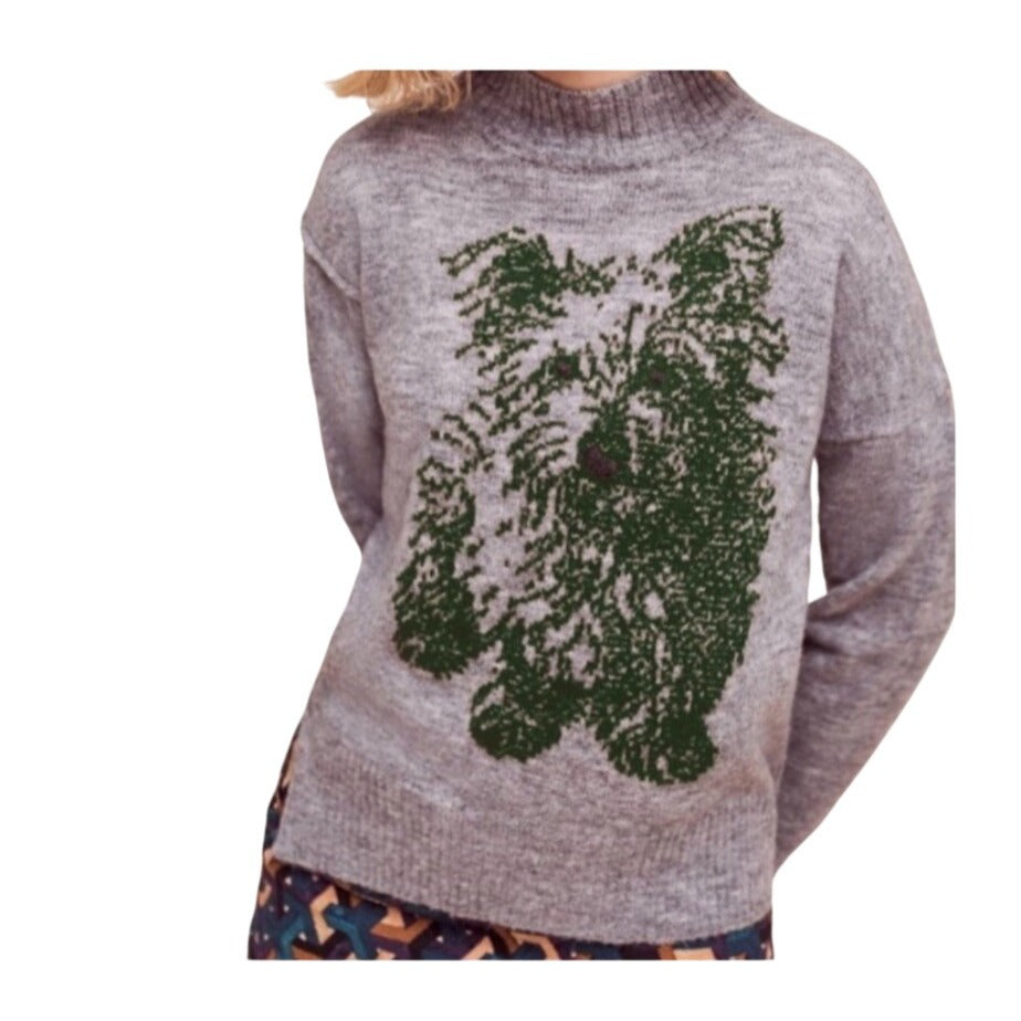 Anthropologie Moth Gray & Green Wool Blend Mock Neck Scotty Dog Sweater