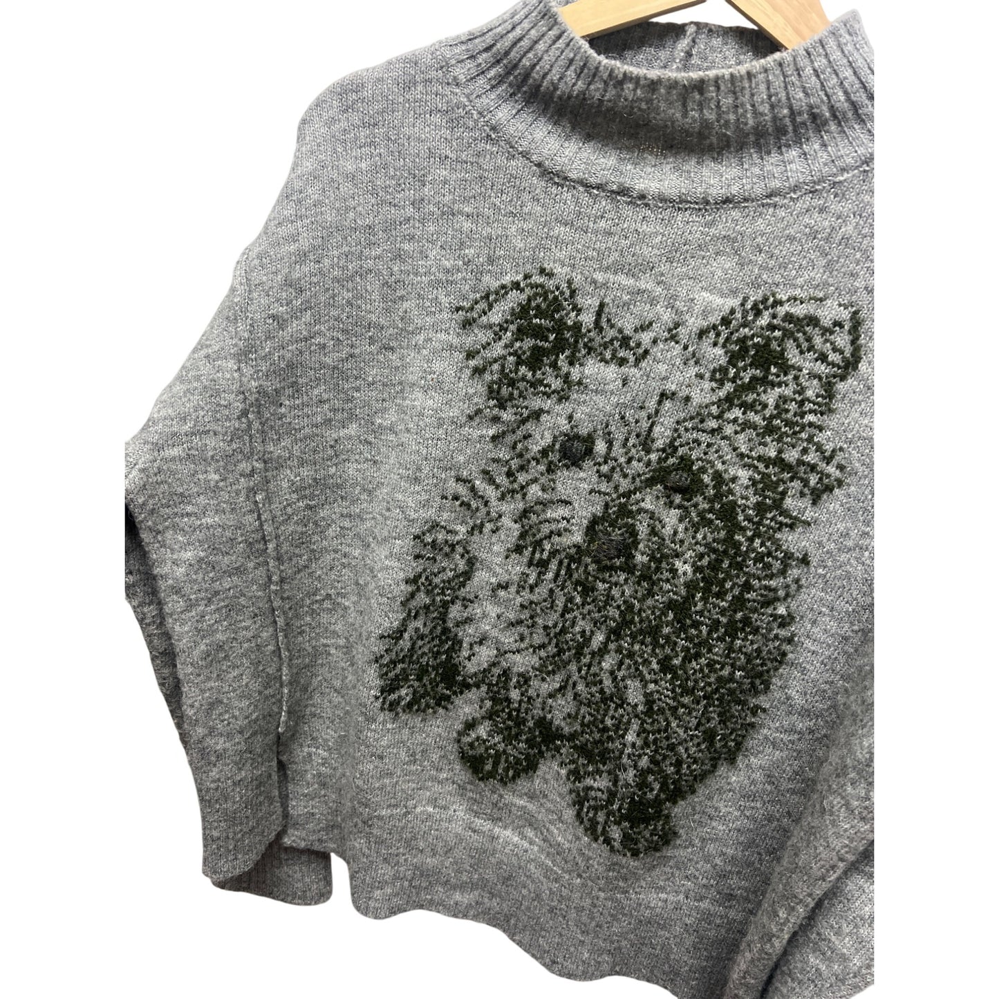 Anthropologie Moth Gray & Green Wool Blend Mock Neck Scotty Dog Sweater