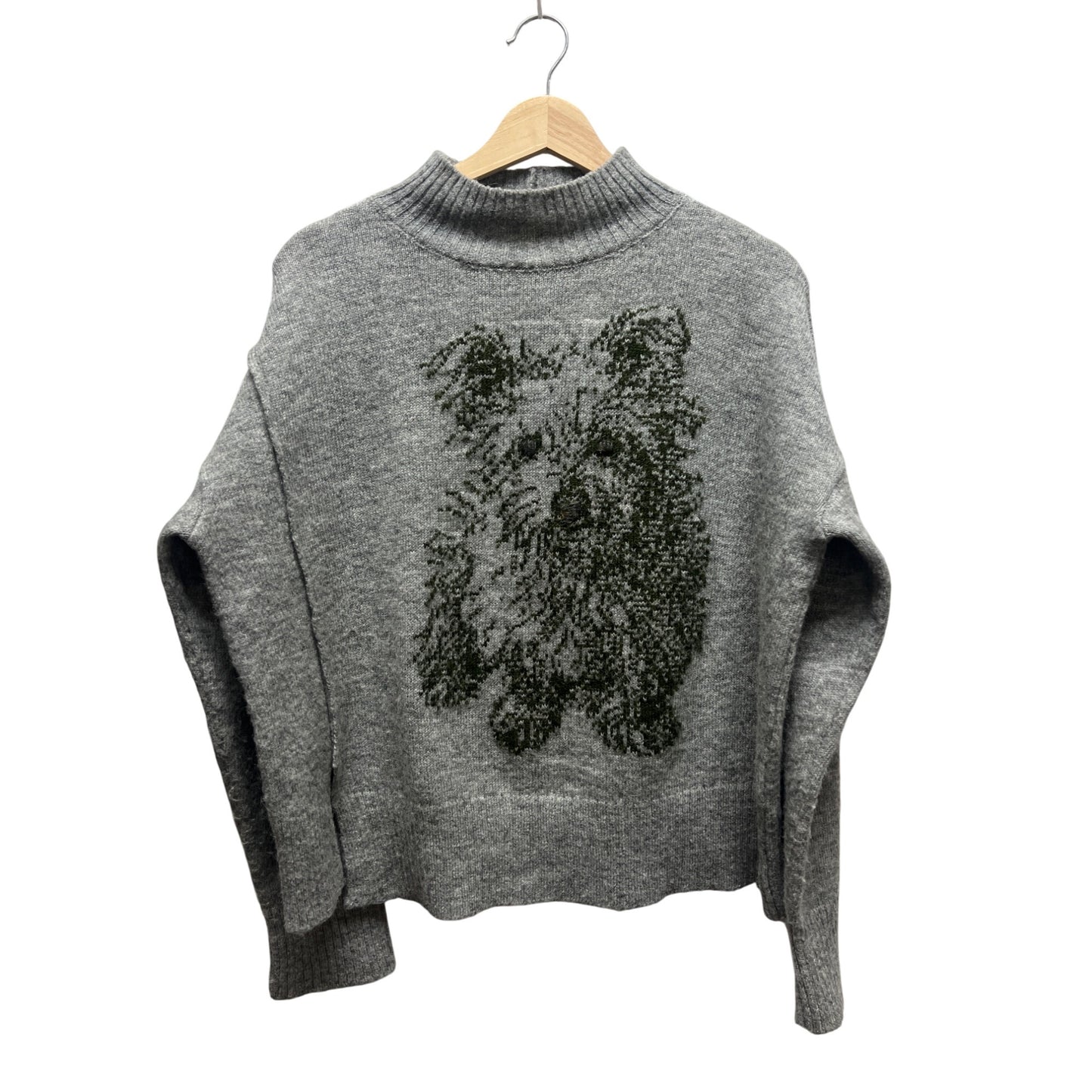 Anthropologie Moth Gray & Green Wool Blend Mock Neck Scotty Dog Sweater