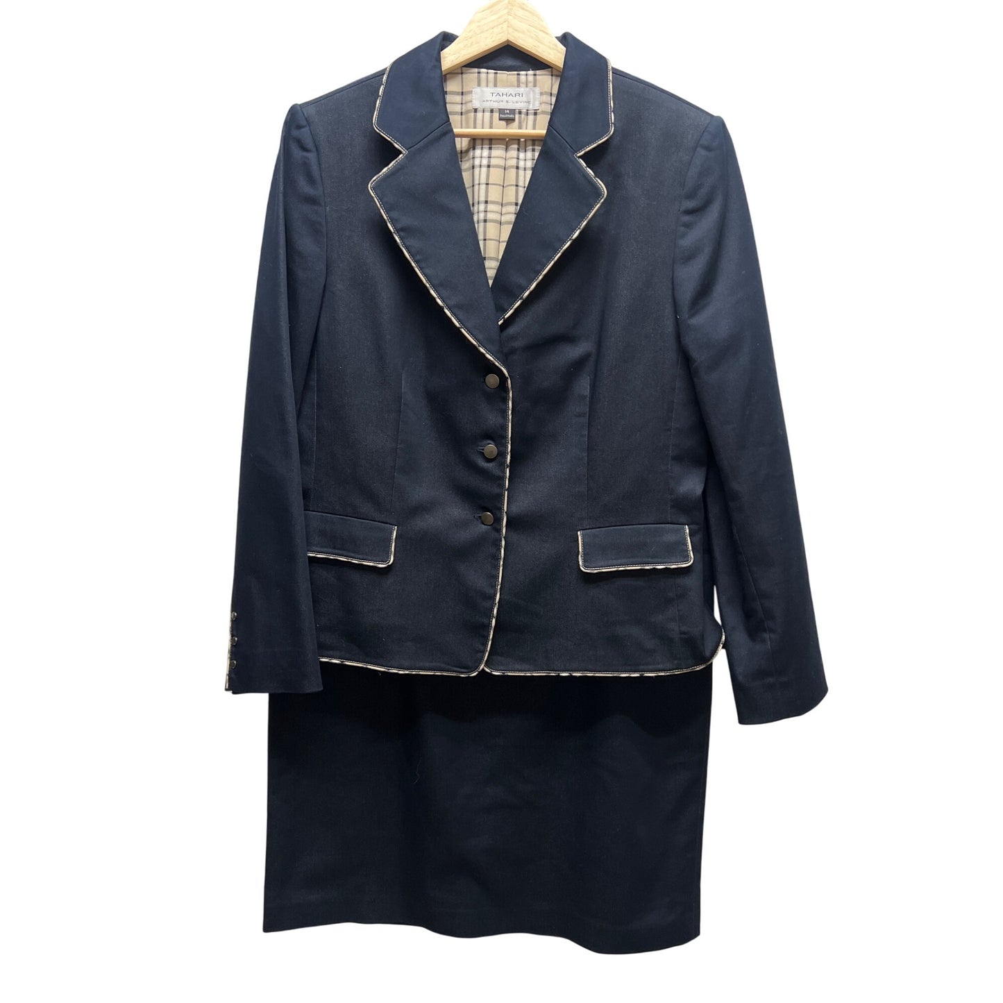 Tahari Arthur S Levine Navy Chambray Plaid Trim Skirt Suit