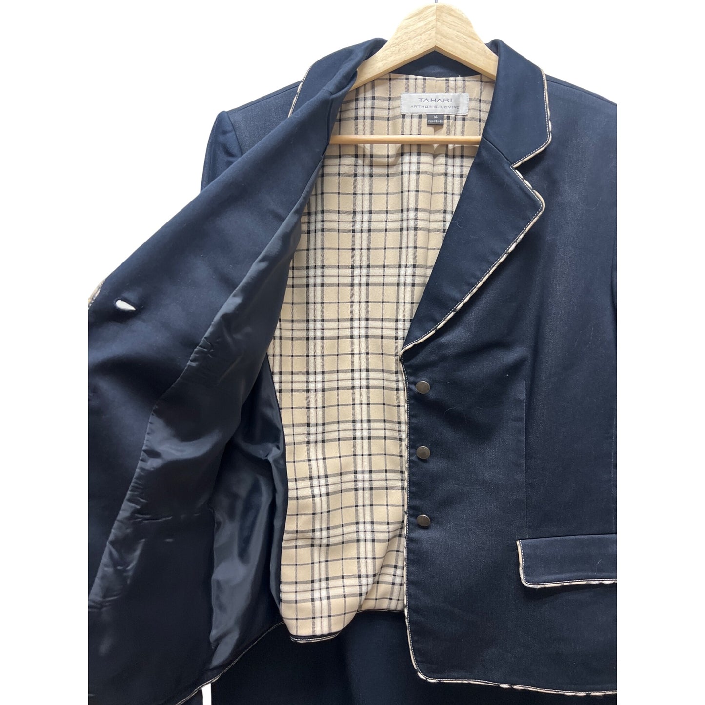 Tahari Arthur S Levine Navy Chambray Plaid Trim Skirt Suit