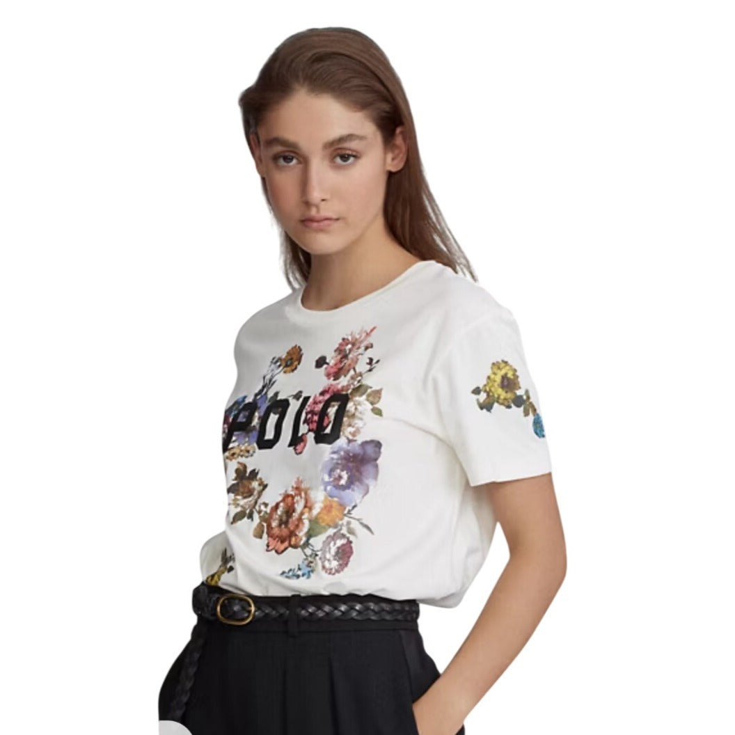 Polo Ralph Lauren Off White Floral Spell Out Graphic Tee