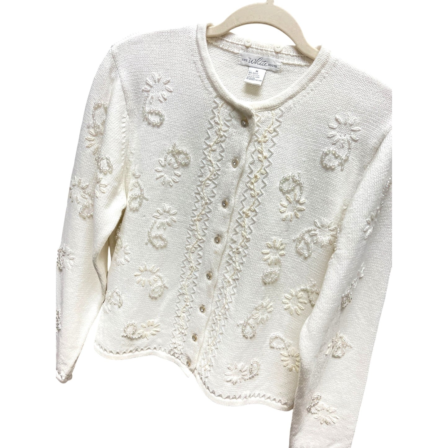 The White House Vintage 80's 90's White Beaded Button Down Cardigan